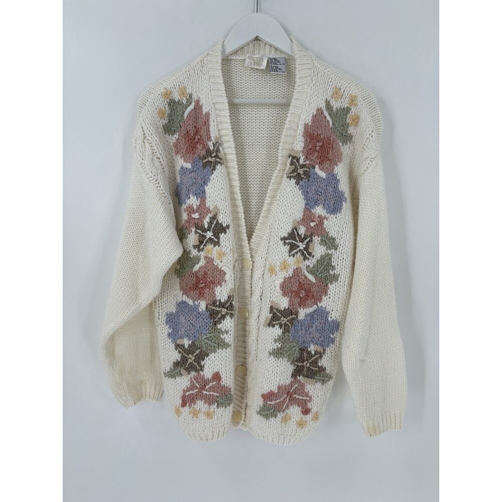 Needles & Yarn Vintage Cardigan Sweater Womens Large Ivory White Floral Crochet